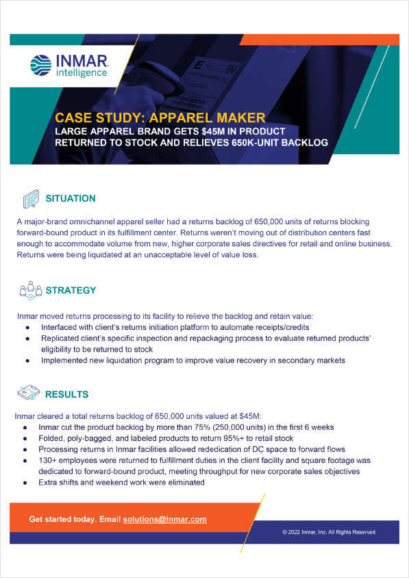 Case Study: Apparel Maker Large Apparel Brand Recovers $45M in Product Returned to Stock and Relieves 650K-Unit Backlog